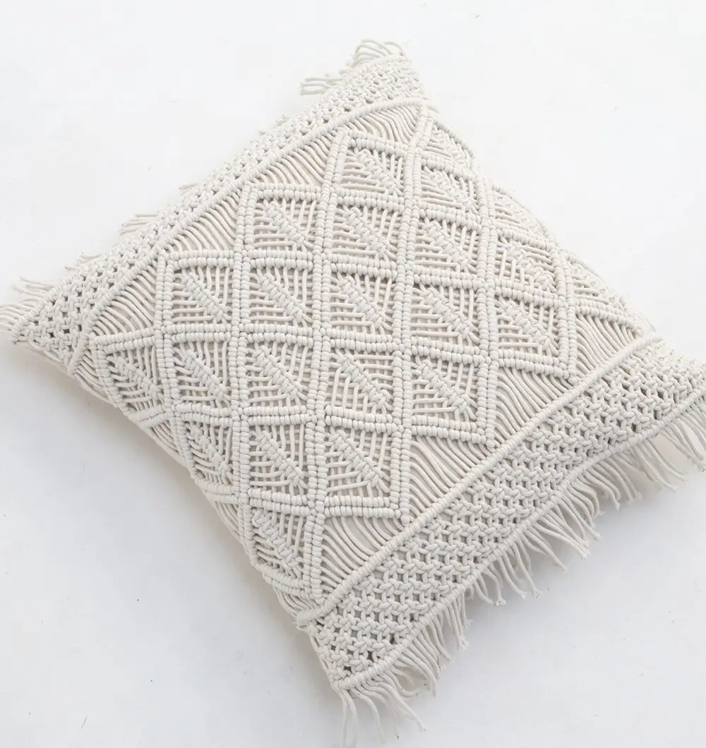 Natural White Macrame Cushion – Handcrafted Elegance & Cozy Charm Natural white macrame cushion with handcrafted detailing, soft texture, and stylish home décor appeal.