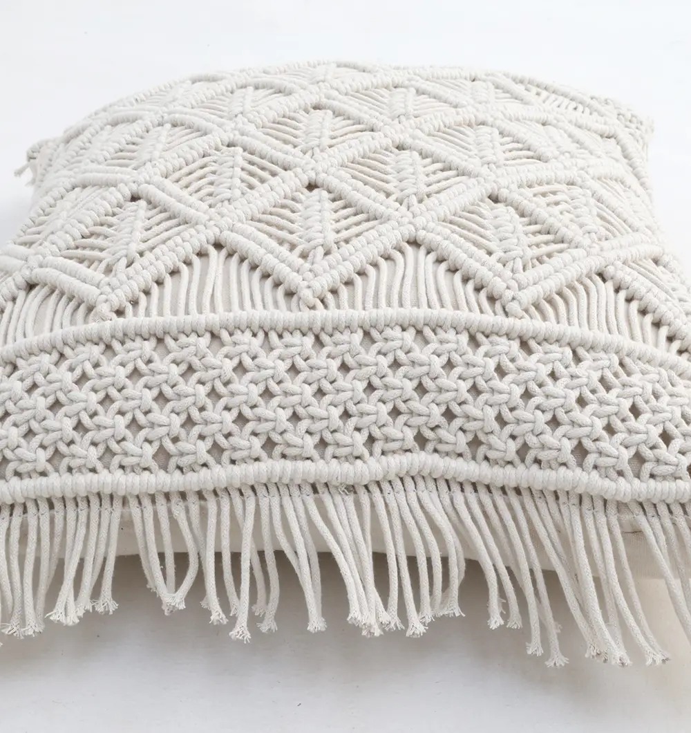 CS-308 (7) Natural white macrame cushion with handcrafted detailing, soft texture, and stylish home décor appeal.