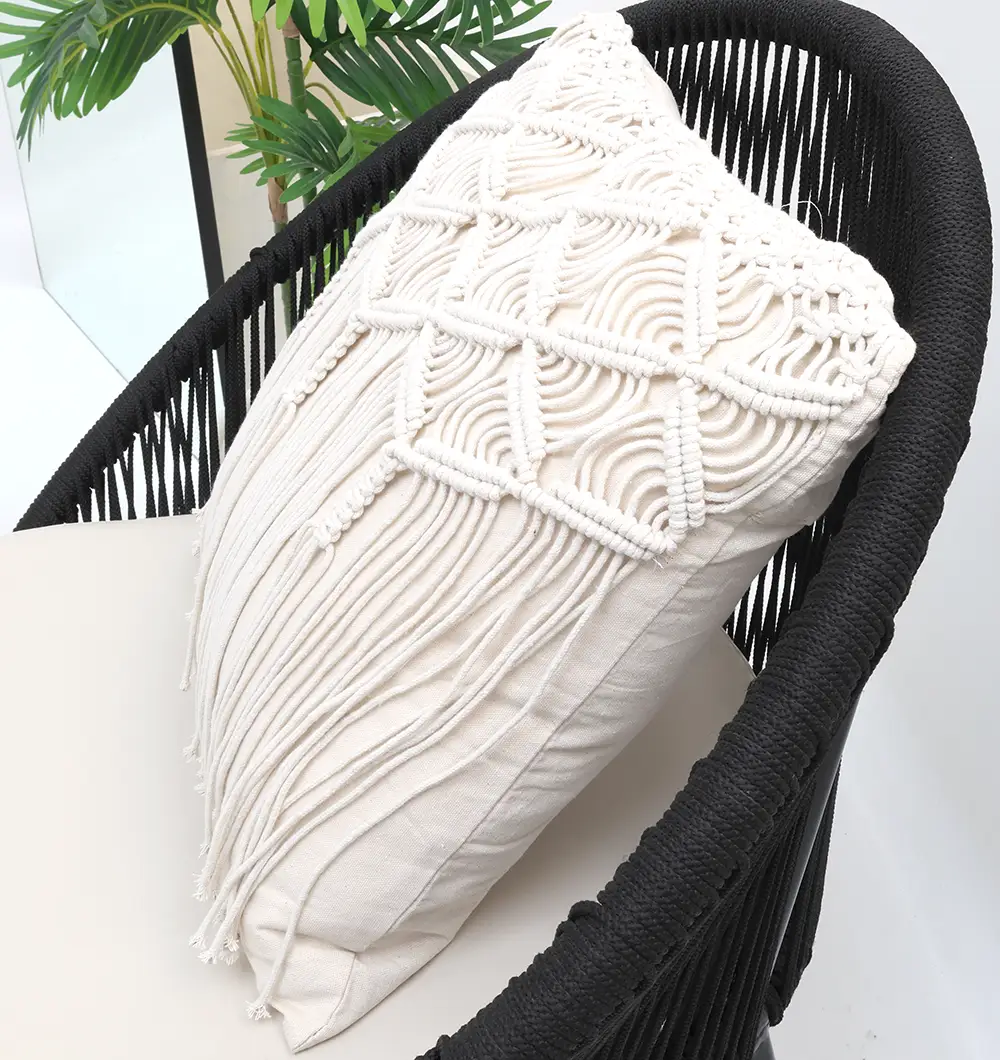 Natural White Macrame Cushion – Handcrafted Elegance & Cozy Charm Natural white macrame cushion with handcrafted detailing, soft texture, and stylish home décor appeal.
