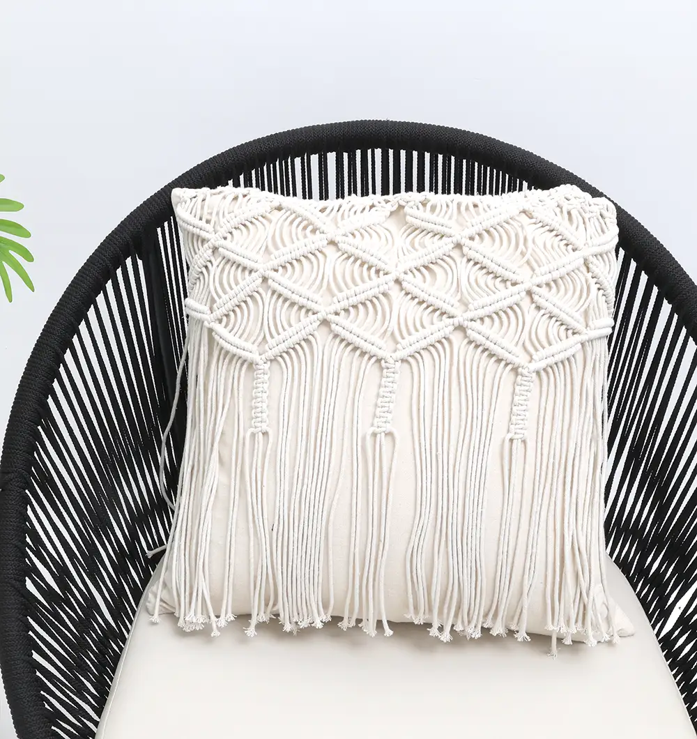 Natural White Macrame Cushion – Handcrafted Elegance & Cozy Charm Natural white macrame cushion with handcrafted detailing, soft texture, and stylish home décor appeal.