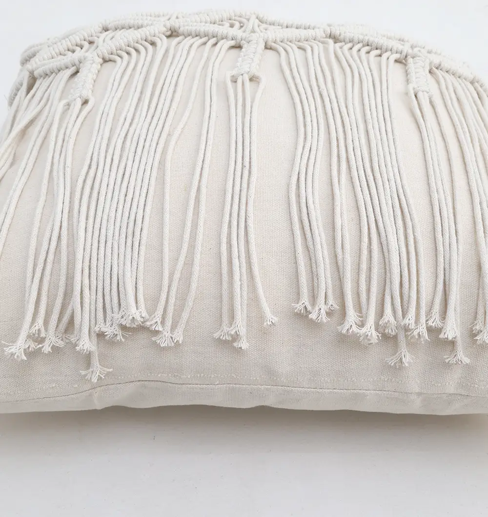 Natural White Macrame Cushion – Handcrafted Elegance & Cozy Charm Natural white macrame cushion with handcrafted detailing, soft texture, and stylish home décor appeal.