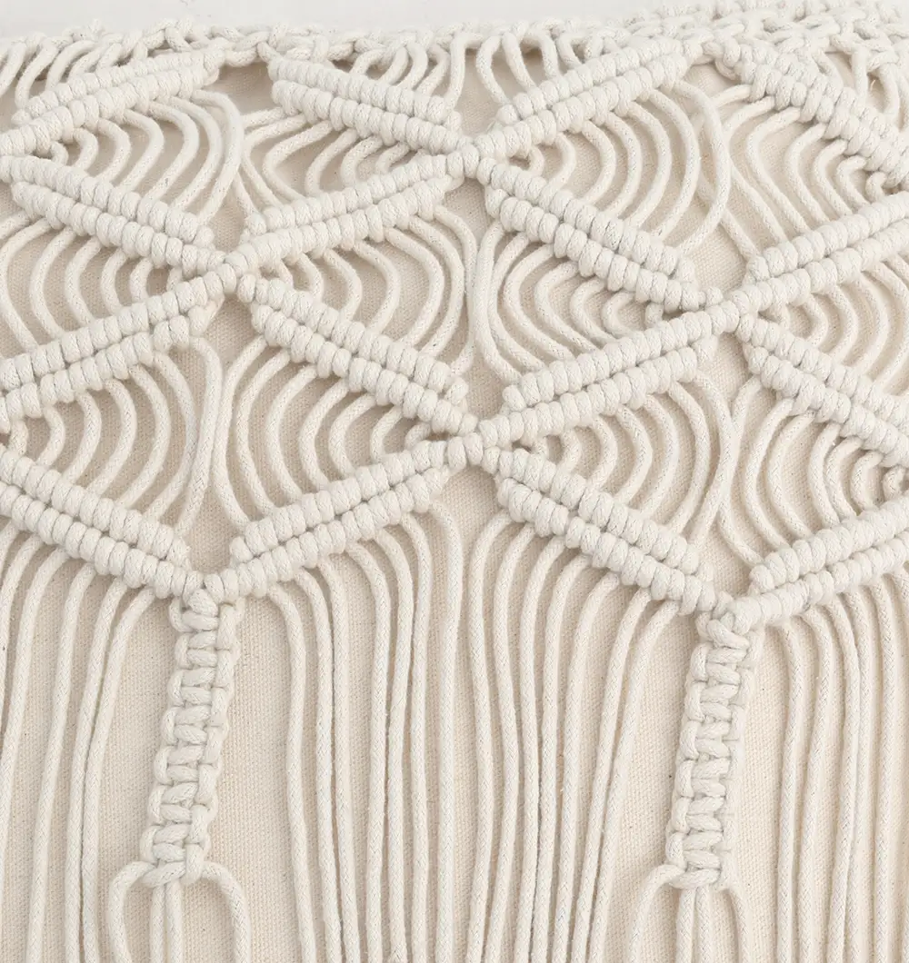 Natural White Macrame Cushion – Handcrafted Elegance & Cozy Charm Natural white macrame cushion with handcrafted detailing, soft texture, and stylish home décor appeal.