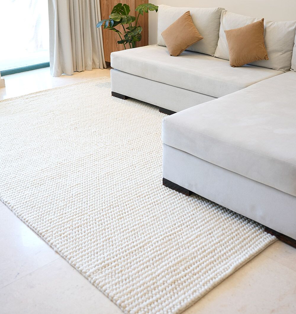 Woven Wool Bohemian Rug – Handcrafted Indoor & Hallway Carpet UAE Bohemian hand woven wool rug from India, versatile indoor rug and hallway carpet for Dubai and UAE homes.