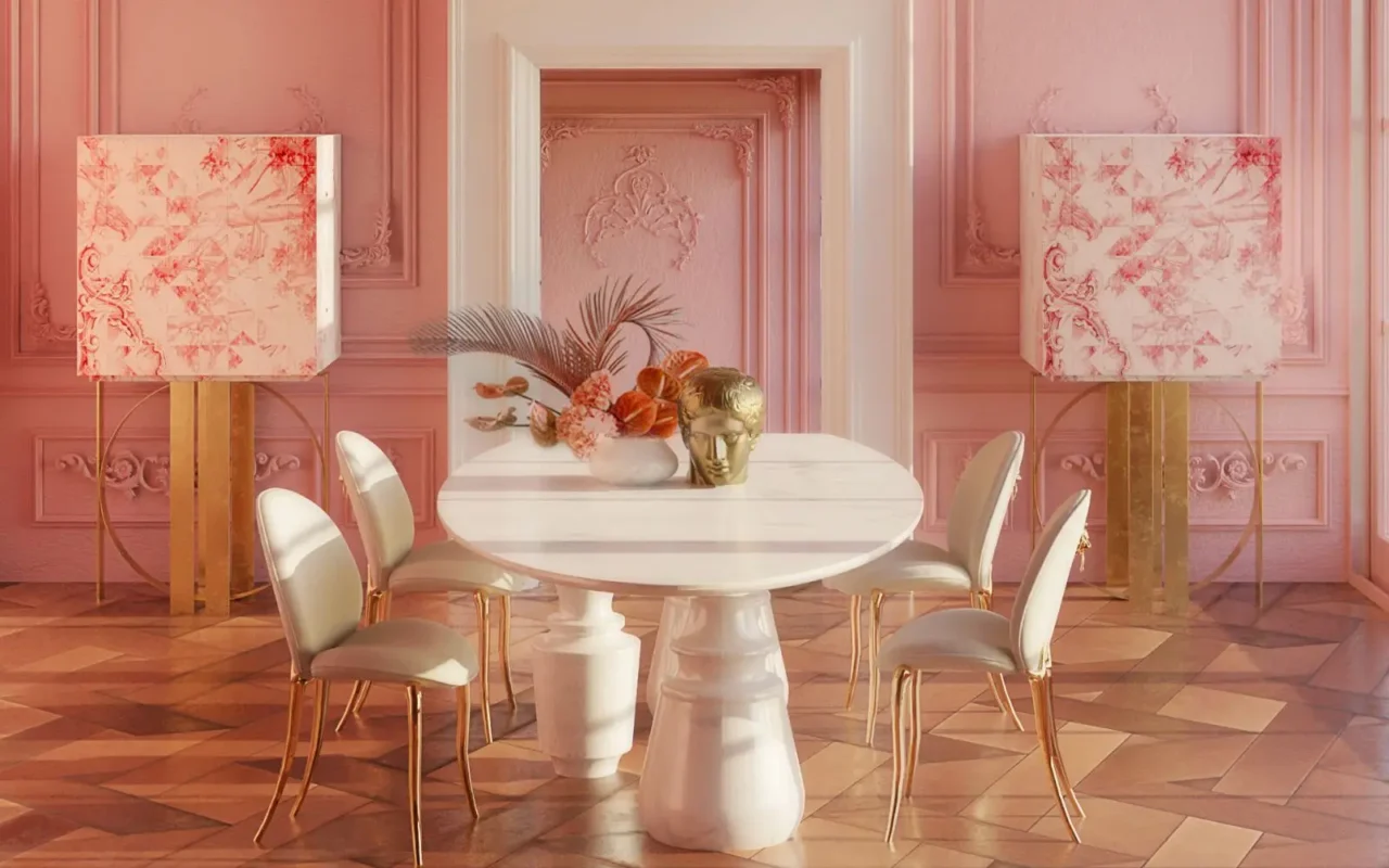 Barbiecore-inspired interior design featuring a pink sofa, metallic accents, and a luxurious Ramsha hand-knotted rug