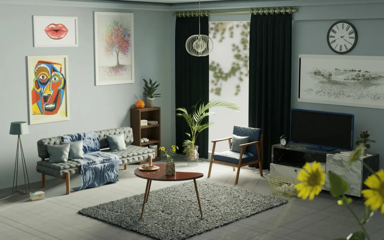 Abstract art rug in a modern home decor setting, complementing the room's artistic aesthetic.