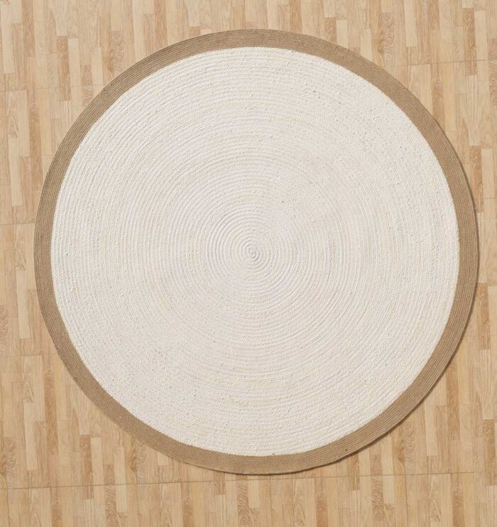 Natural round jute rug with modern circle design, perfect for home UAE décor and stylish living spaces.