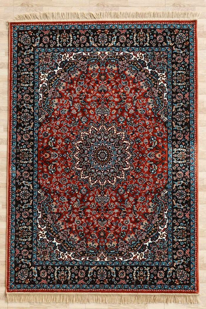Machine-made rug with modern patterns, soft texture, and long-lasting durability for home décor.