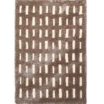 Brown and cream geometric patterned shaggy rug with a thick plush pile for modern living room decor.