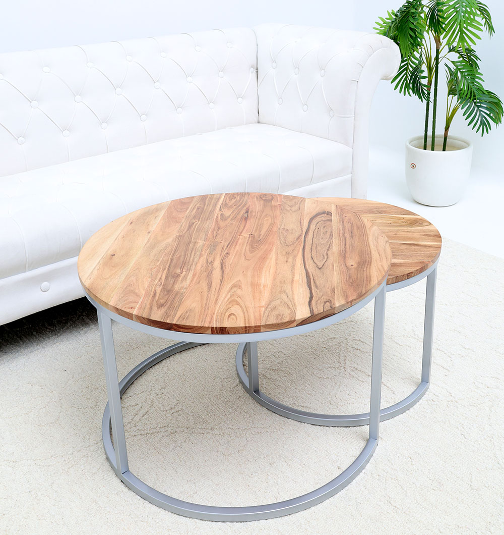Modern Nesting Coffee Table Set – Wooden Top with Metal Frame- GH-001 Modern nesting coffee table set with round wooden top and silver metal frame