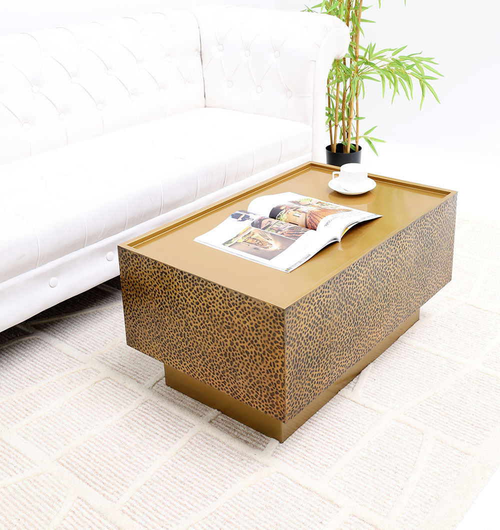Inclined Top View – Luxury Rectangle Iron Side Table GH-087 Inclined top view of luxury rectangular iron side table with textured golden surface GH-087