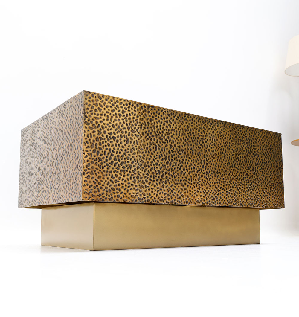 Angled Side View – Luxury Rectangle Iron Side Table GH-087 Angled side view of golden rectangular iron side table with textured design GH-087