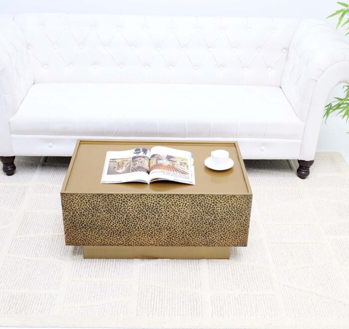 Angled top perspective of luxury rectangular iron side table with golden antique finish GH-087