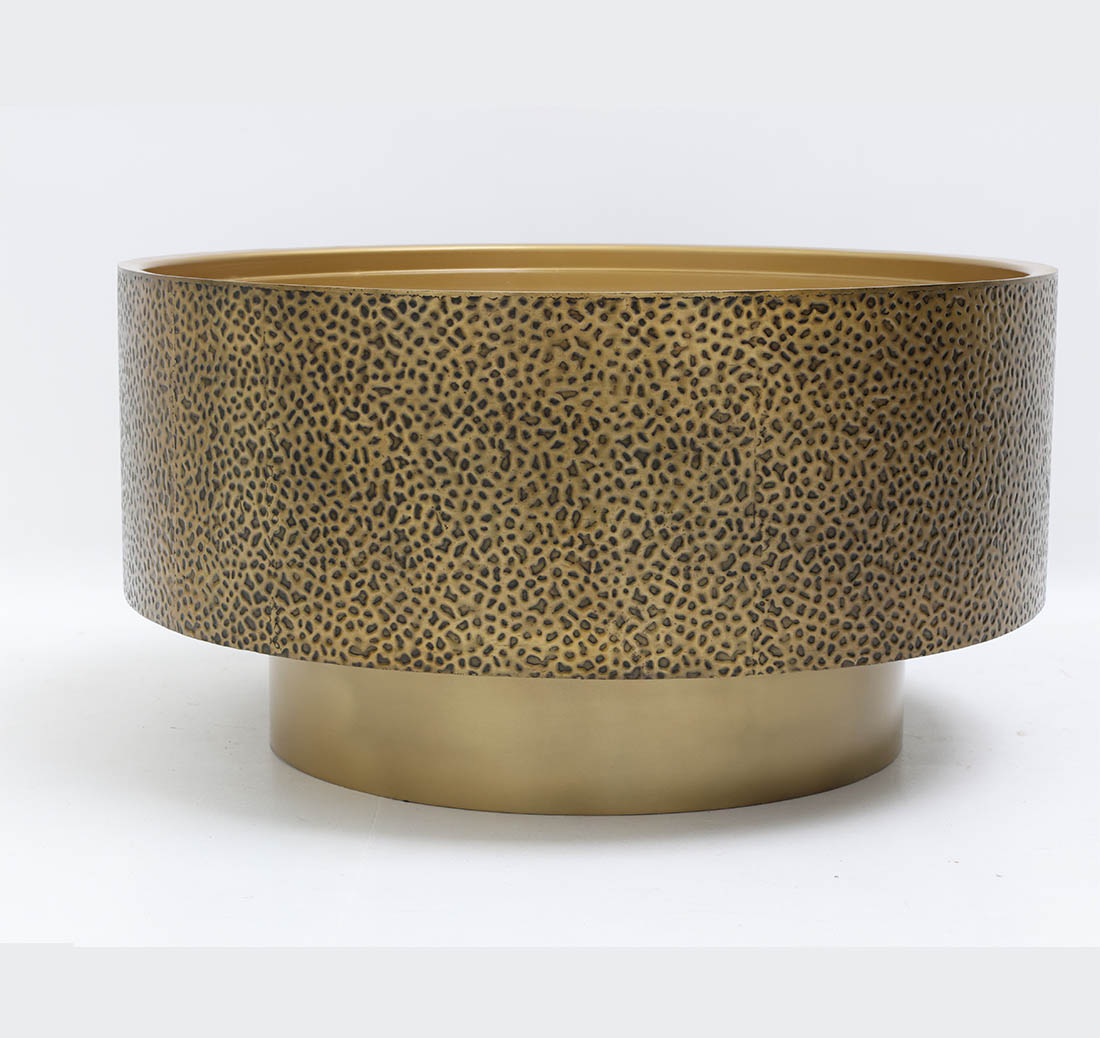 Angled Side View – Round Golden Iron Side Table GH-090 Angled side view of round iron side table with textured golden antique design GH-090