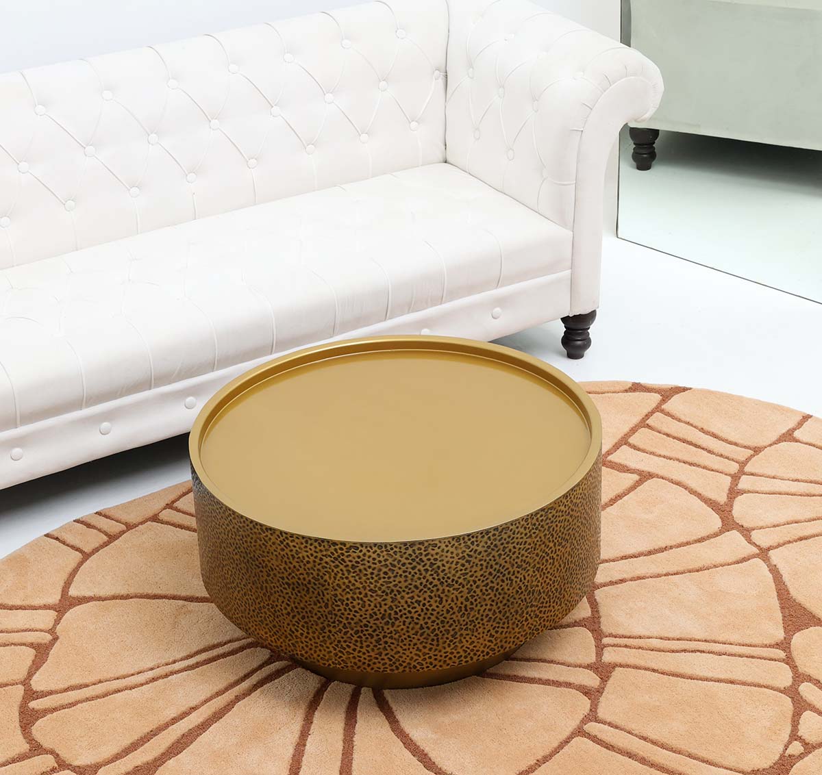 Angled Top View – Luxury Round Iron Side Table GH-090 Angled top view of round iron side table with golden brass antique finish GH-090