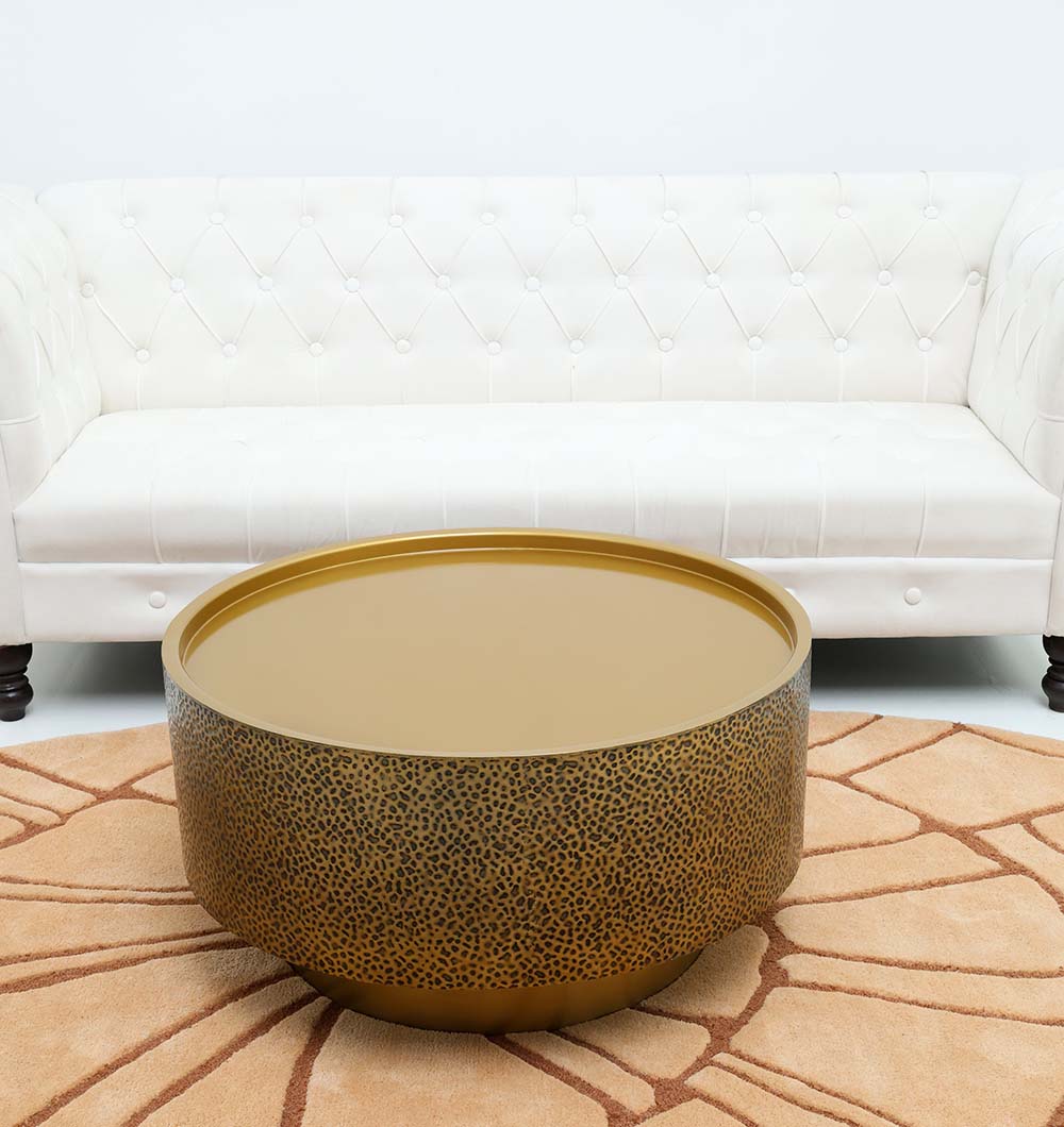 Inclined Top View – Round Golden Iron Side Table GH-090 Inclined top view of luxury round iron side table with textured golden surface GH-090.