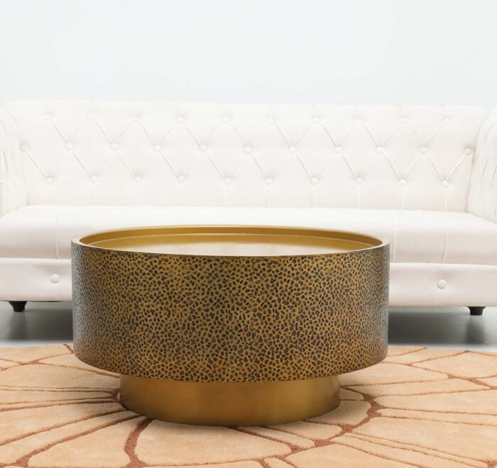 Side view of luxury round iron side table with golden brass antique finish GH-090