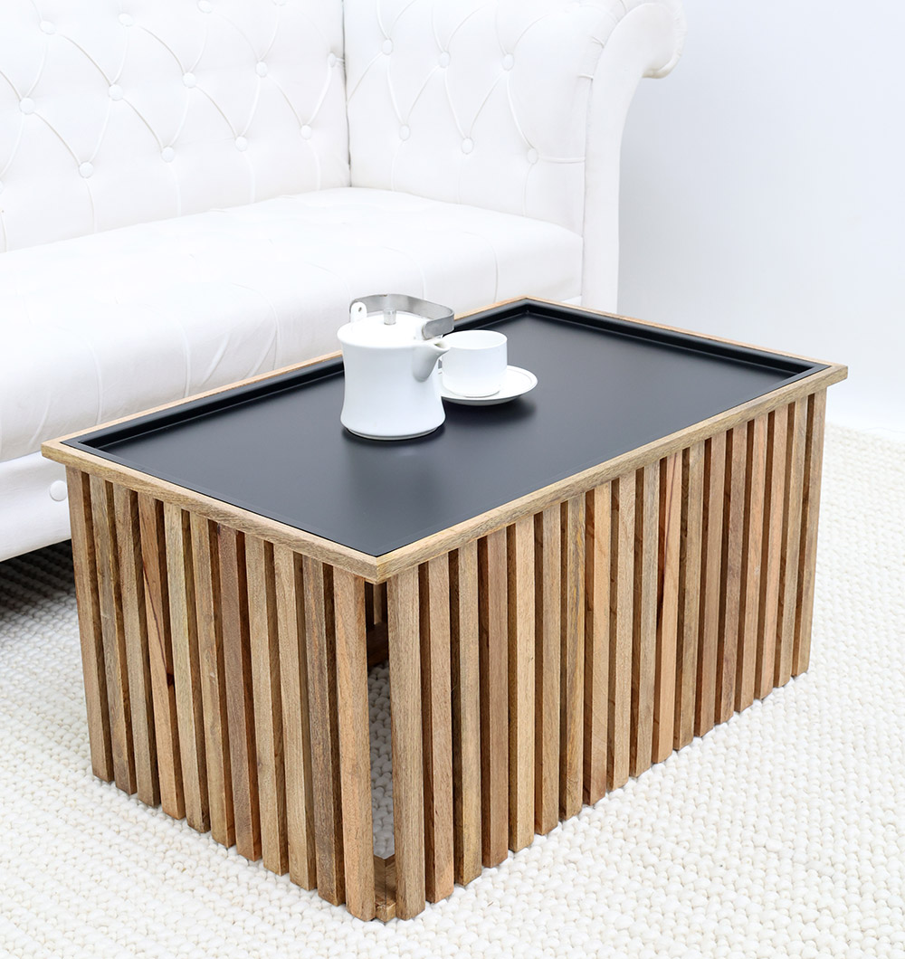 Inclined Side View – Modern Wooden & Iron Coffee Table Square Slatted Design Angled side view of modern wooden and iron coffee table with square slatted design
