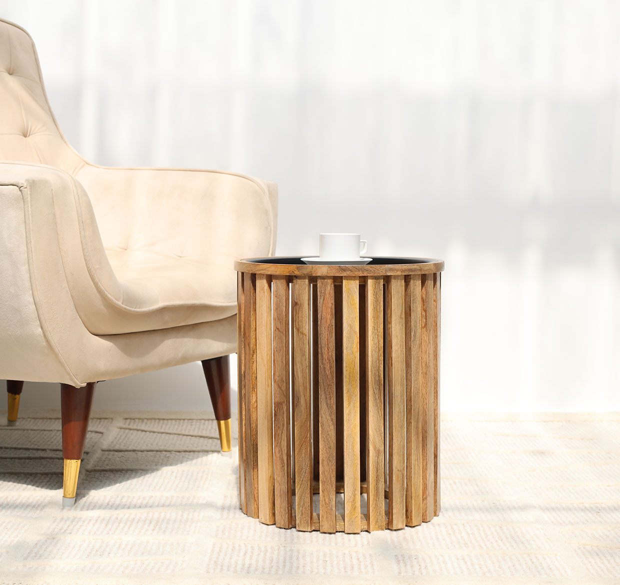 Angled Side View – Modern Wooden & Iron Coffee Table GH-097 Angled side view of modern cylindrical wooden coffee table with slatted top GH-097