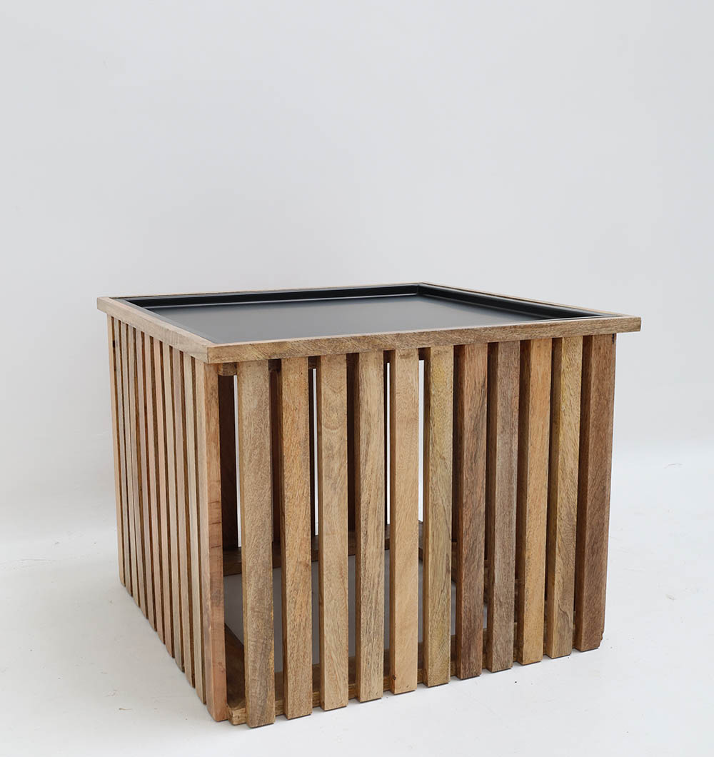 Inclined Top View – Modern Wooden & Iron Coffee Table GH-99 Angled top view of modern square wooden and iron coffee table with slatted design GH-99