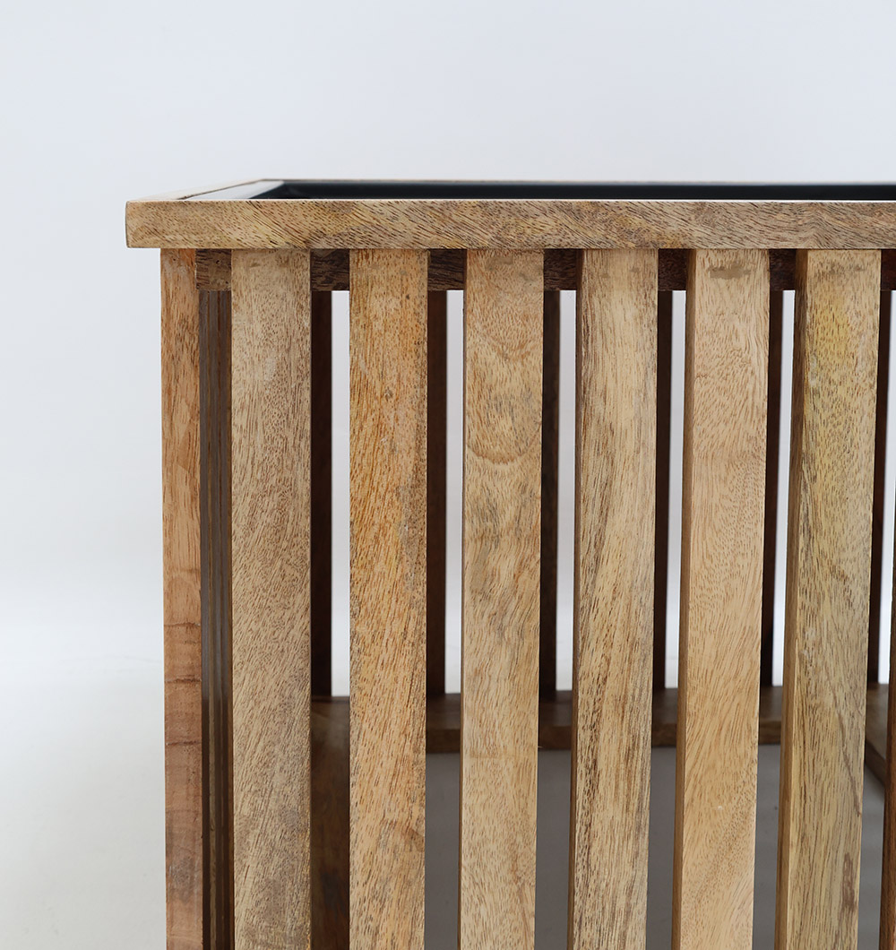 Close-Up Side View – Modern Wooden & Iron Coffee Table GH-99 Close-up side view of modern square slatted wooden coffee table with iron frame GH-99