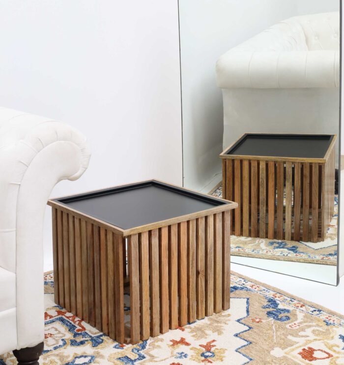 Detailed top-angled view of modern square wooden coffee table with black iron frame GH-99