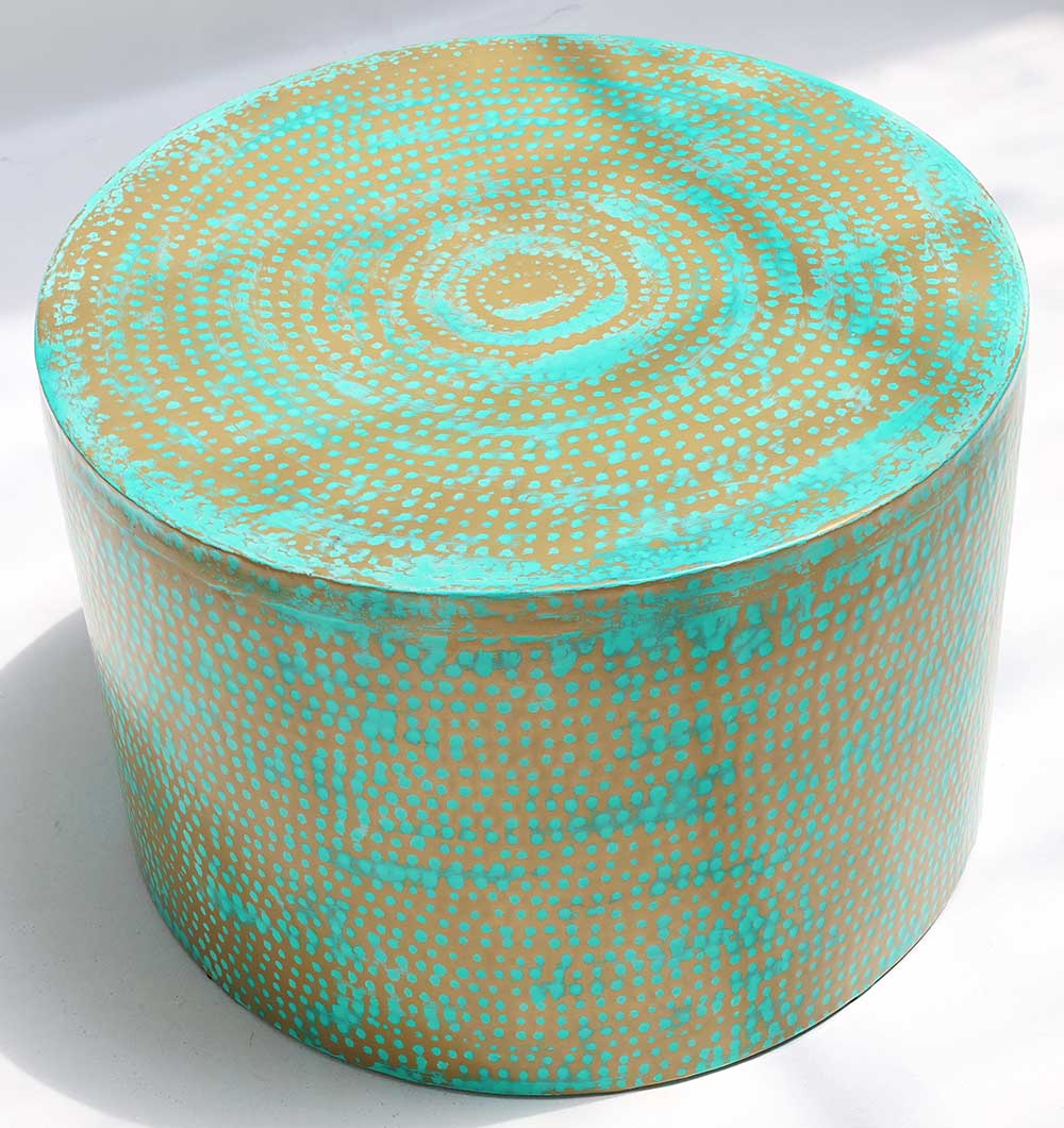 Modern Round Coffee Table – Turquoise Dot Design with Golden Iron Base Round modern coffee table with turquoise dot pattern and golden iron base – minimalist design