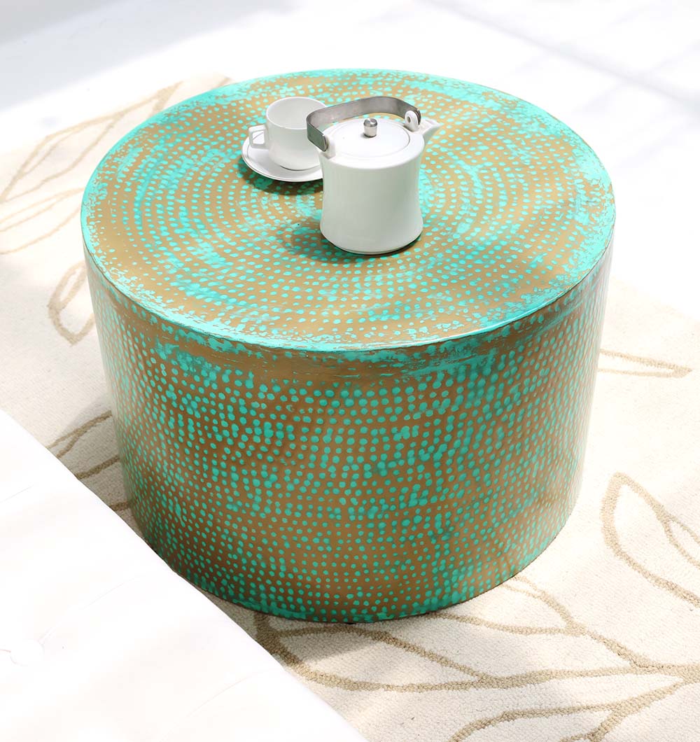 Round Coffee Table with Turquoise Dots and Golden Base – Styled with Tea Set Round coffee table with turquoise dot pattern and golden base styled with a tea set