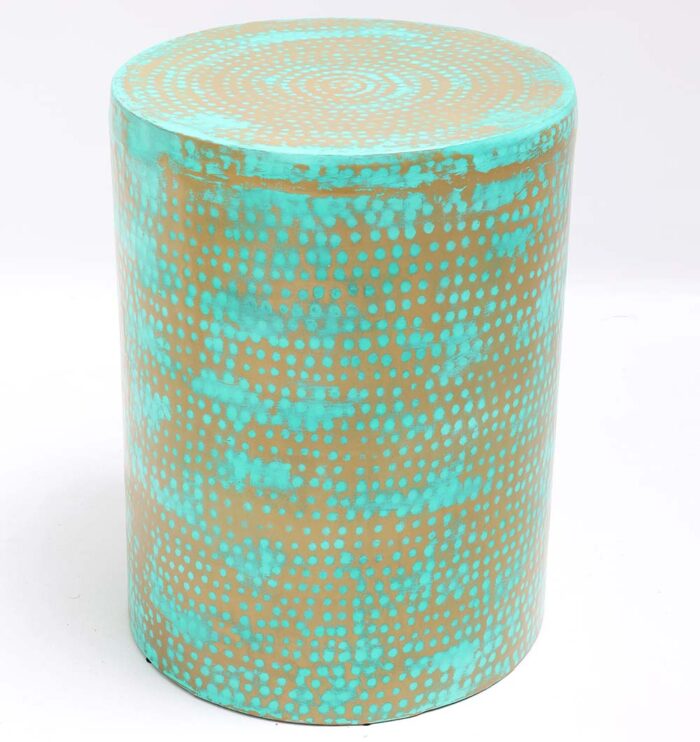 Round modern coffee table with turquoise dot pattern and golden iron base – vibrant minimalist design