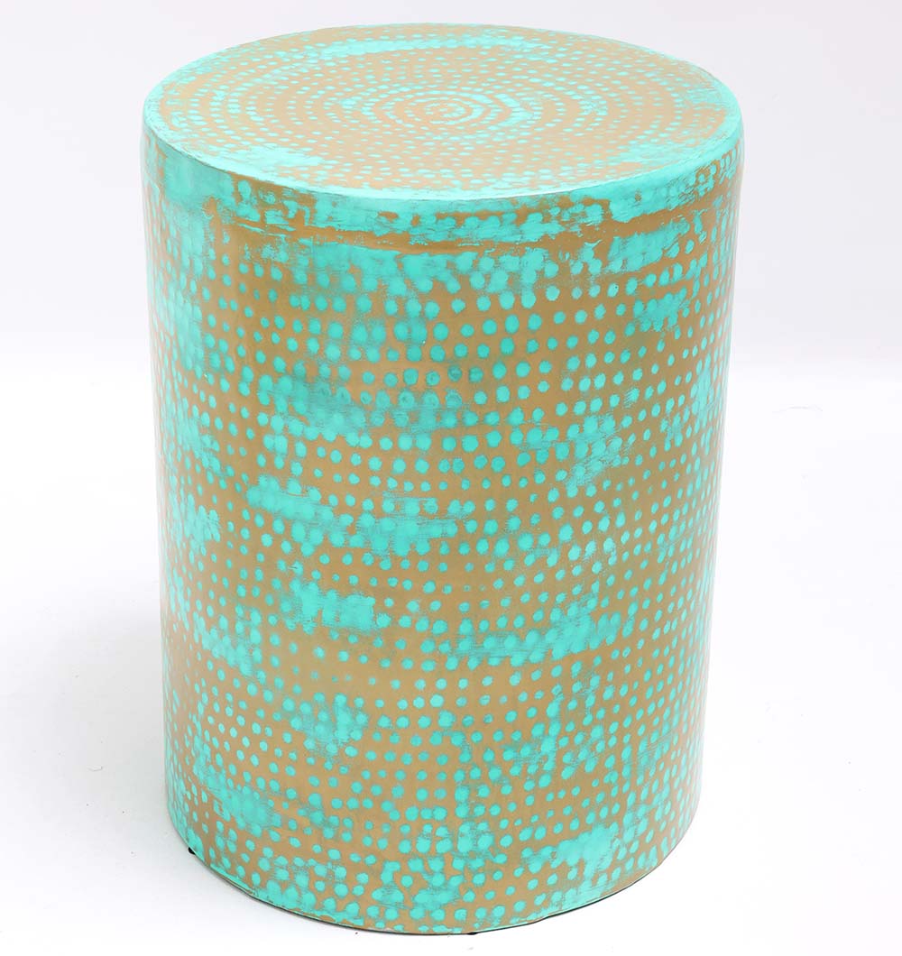 Modern Round Coffee Table – Turquoise Dot Pattern on Golden Iron Base | Minimalist Industrial Style Round modern coffee table with turquoise dot pattern and golden iron base – vibrant minimalist design