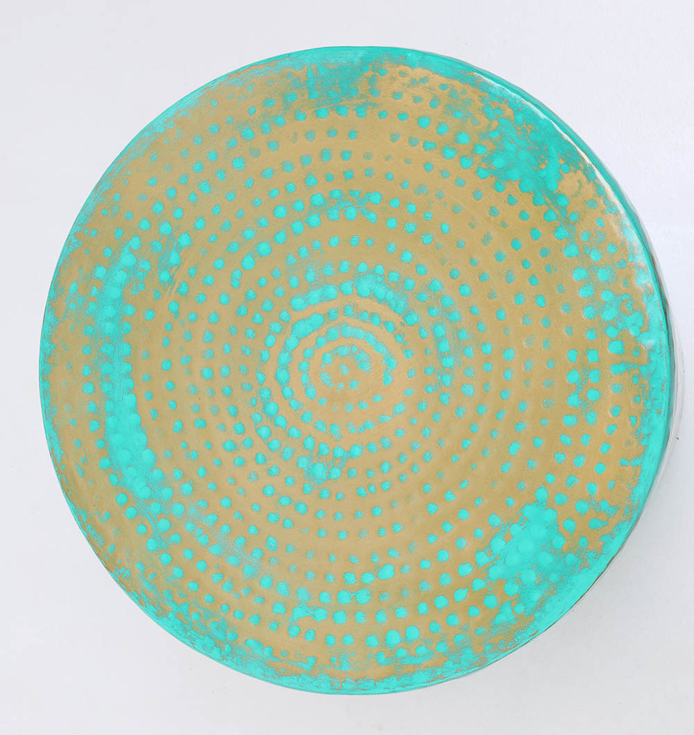 Top View – Round Coffee Table with Turquoise Dots and Golden Base Top view of round coffee table showing turquoise dot pattern on golden iron base