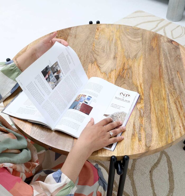 Modern Round Coffee Table – Solid Wood Top with Black Iron Legs GH-067 - Image 3