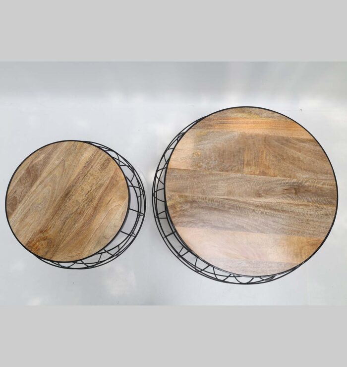 ⁦Industrial Nesting Side Tables – Solid Wood Top & Metal Wire Base (Set of 2) GH-068⁩ - الصورة ⁦2⁩