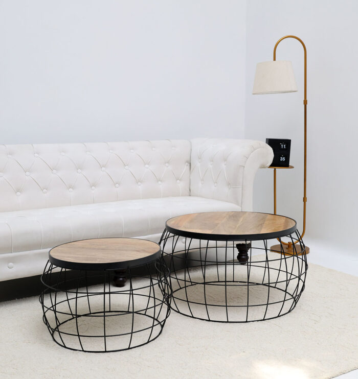 ⁦Industrial Nesting Side Tables – Solid Wood Top & Metal Wire Base (Set of 2) GH-068⁩ - الصورة ⁦1⁩