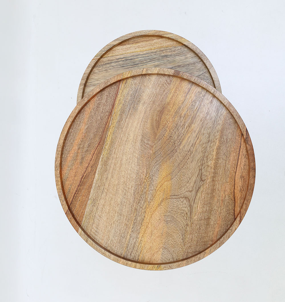 Top View – Wooden Nesting Side Tables with Round Solid Wood Tops and Black Iron Bases Top view of set of 2 wooden nesting side tables showing round solid wood tops and natural grain patterns