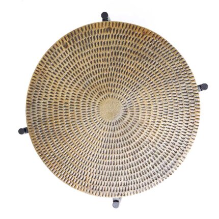 Top view of modern round coffee table with natural wood finish and sleek black metal base