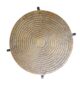 Top view of modern round coffee table with natural wood finish and sleek black metal base