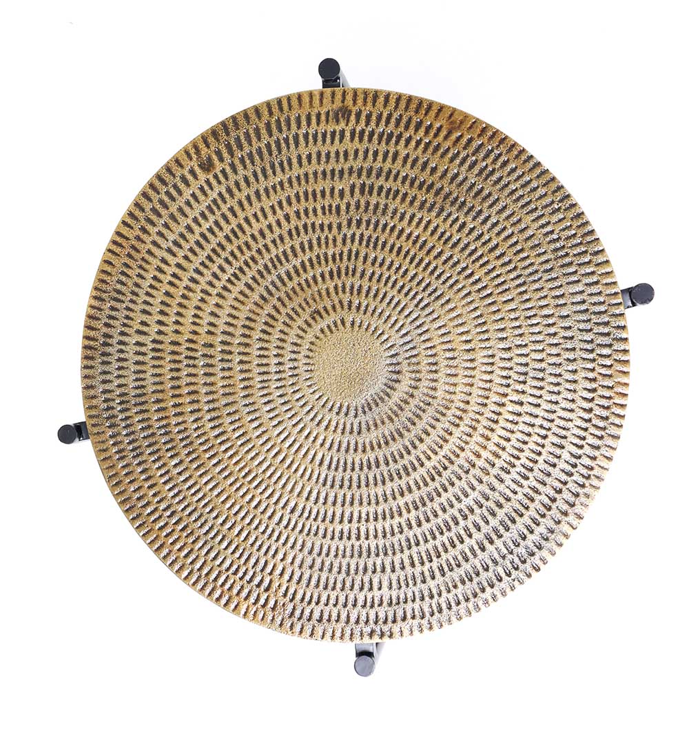 Round Wooden Coffee Table – Top View | Modern Minimalist with Black Metal Base Top view of modern round coffee table with natural wood finish and sleek black metal base