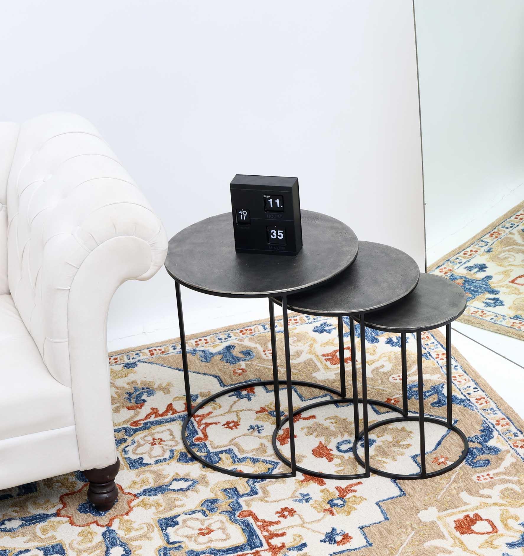 Top Angled View – Set of 3 Modern Nesting Side Tables GH-071 | Antique Brass Tops with Black Iron Bases Top angled view of set of 3 modern nesting side tables with antique brass tops and black iron bases