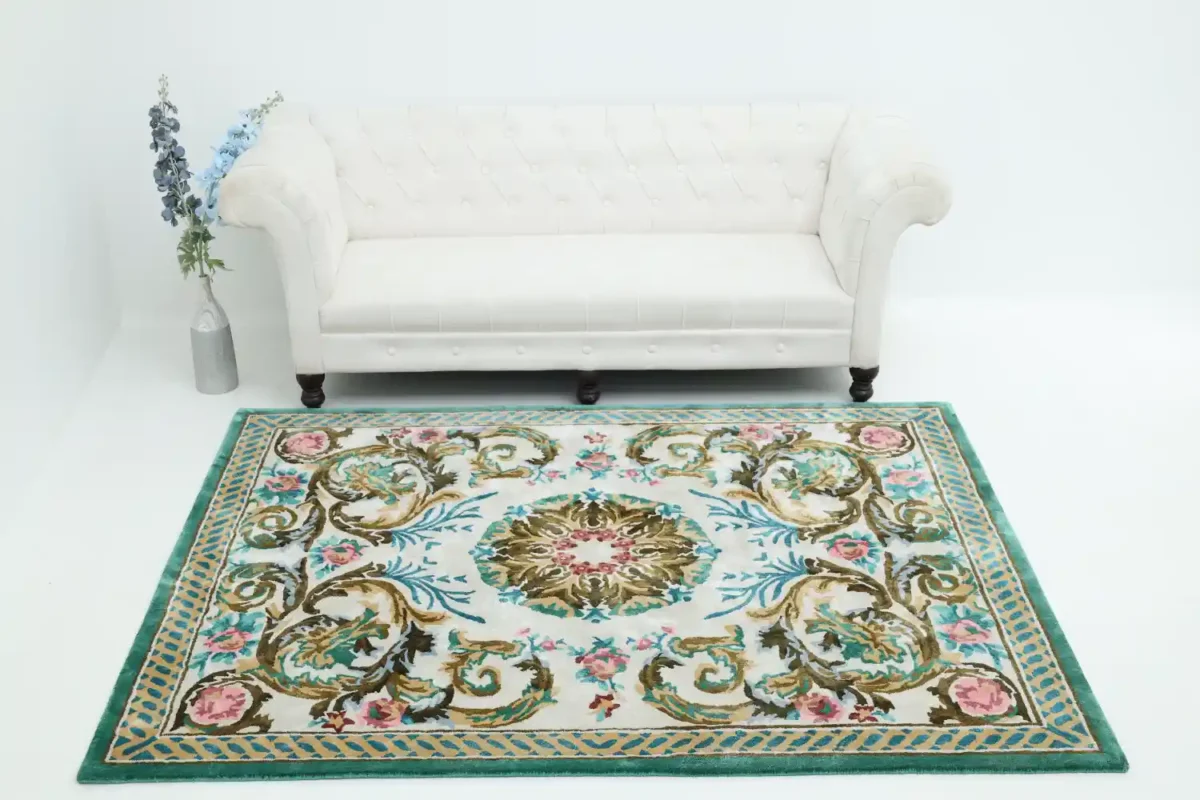 Handcrafted traditional rug enhancing a modern living room setup for blog about rugs suited for heavy foot traffic