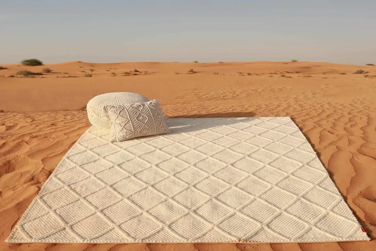 Jute rug and jute cushion displayed in desert setting showcasing woven texture