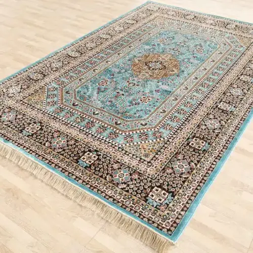 Multi color decor Turkish rug with intricate traditional motifs, machine-made from 100% polyester for durability in high-traffic areas.