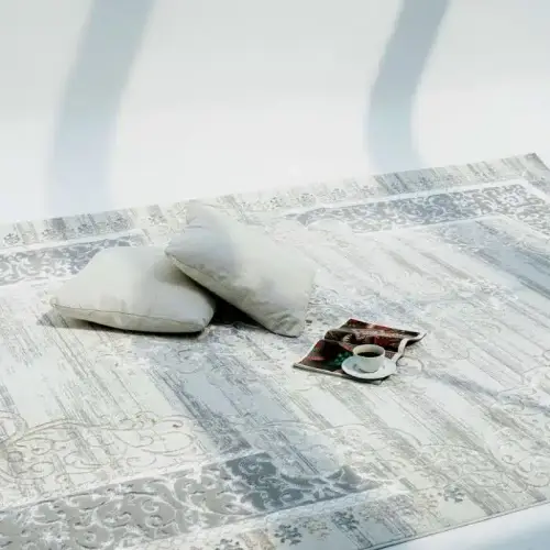 Luxurious Turkish rectangle rug in cream with multi-color accents, machine-made for durability and a plush texture in living areas.