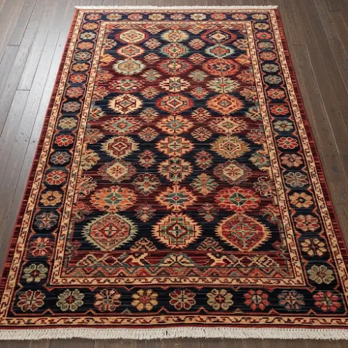 Bohemian rug with bold colours, tribal patterns, and textured details placed in a cozy room setting
