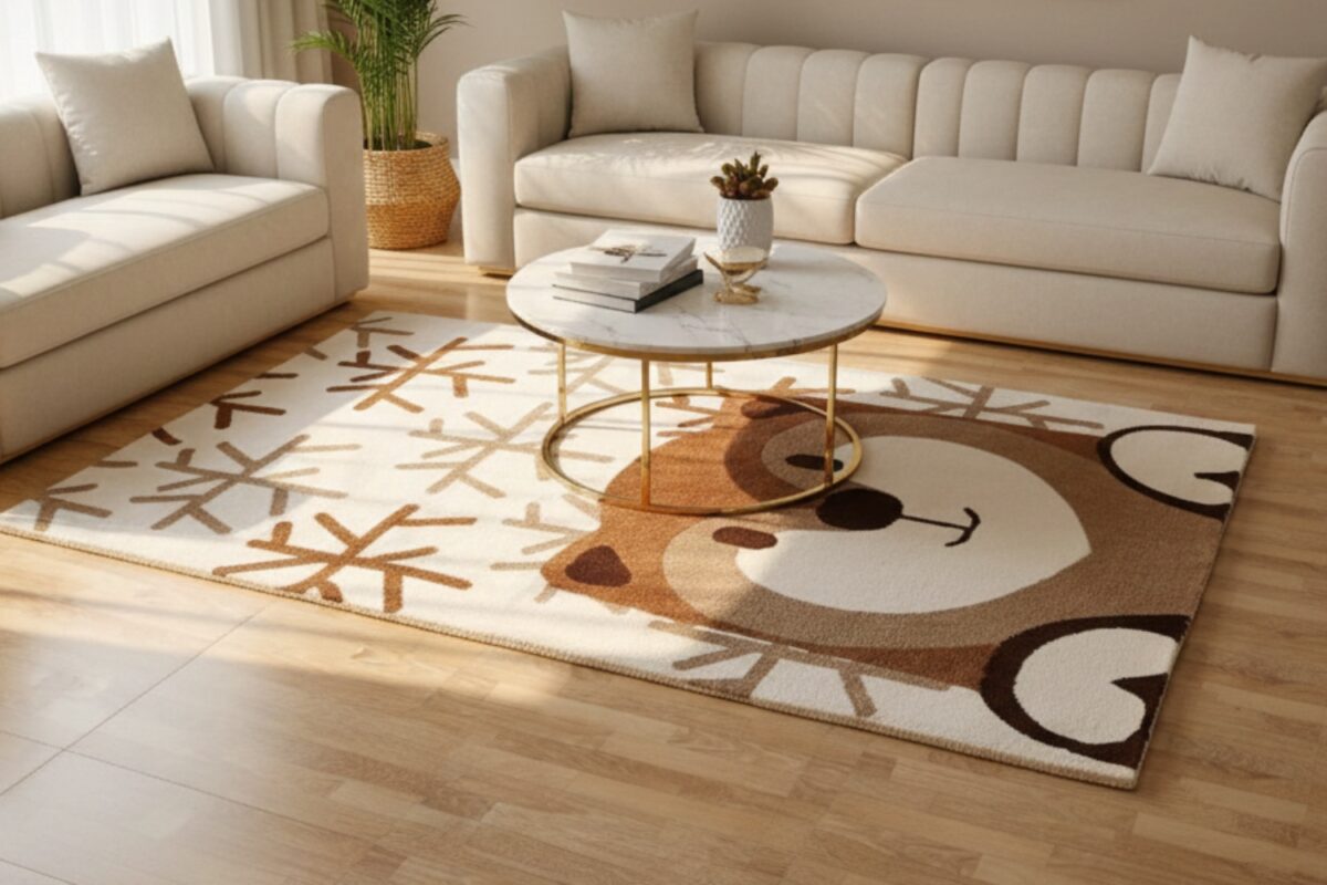 A modern Dubai living room featuring one of the best rugs with a playful brown bear and snowflake pattern on a light wood floor.
