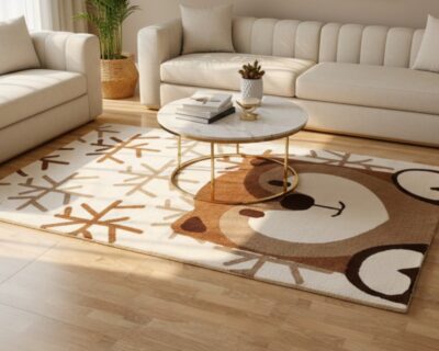 A modern Dubai living room featuring one of the best rugs with a playful brown bear and snowflake pattern on a light wood floor.