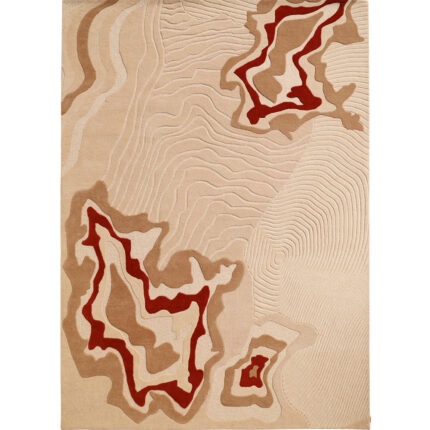 A Large Area Rug in 300x400 cm featuring a cream topographic carved texture with bold red-bordered organic shapes.
