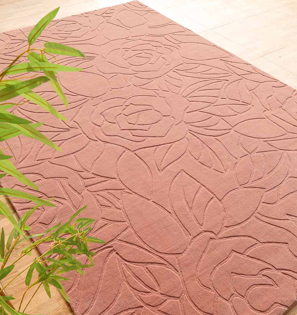 LKH-029 4 A rectangular Pink Color Area Rug with a monochromatic hand-carved floral rose design.