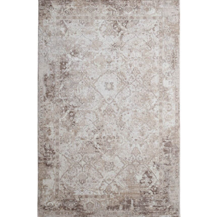 An Abstract Machine Made Carpet with a faded, distressed vintage pattern in neutral beige and grey tones.