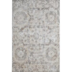 An Abstract Multi Area Rug with a faded, distressed octagonal medallion pattern in neutral grey and beige tones.