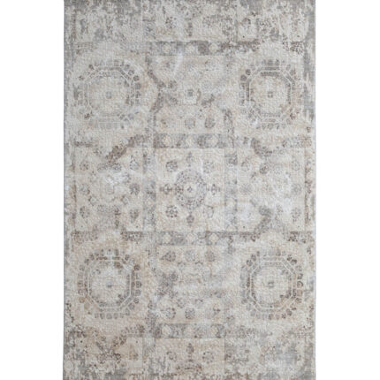 An Abstract Multi Area Rug with a faded, distressed octagonal medallion pattern in neutral grey and beige tones.